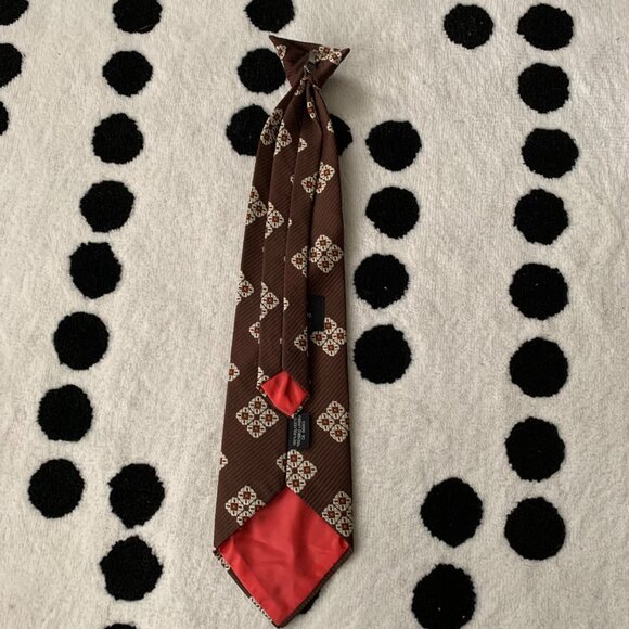 Vintage 60s Polyester Clip On Tie Brown Mod Disco Geometric Retro Wide Necktie - Picture 5 of 13